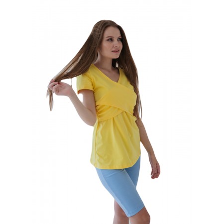 Комплект голубые велосипедки и желтая V образная футболка для беременных с секретом для кормления 